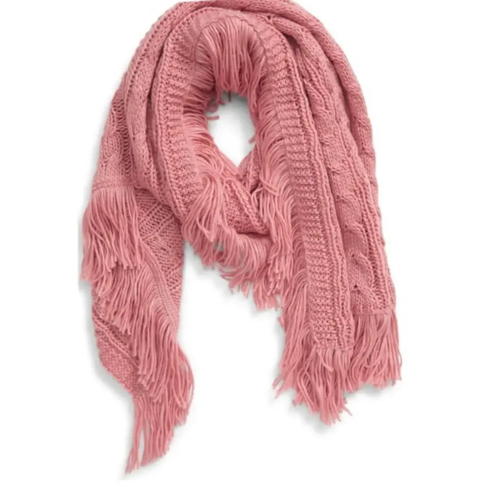 NEW BP One Size Pink Cable Knit Fringe Scarf v6x
